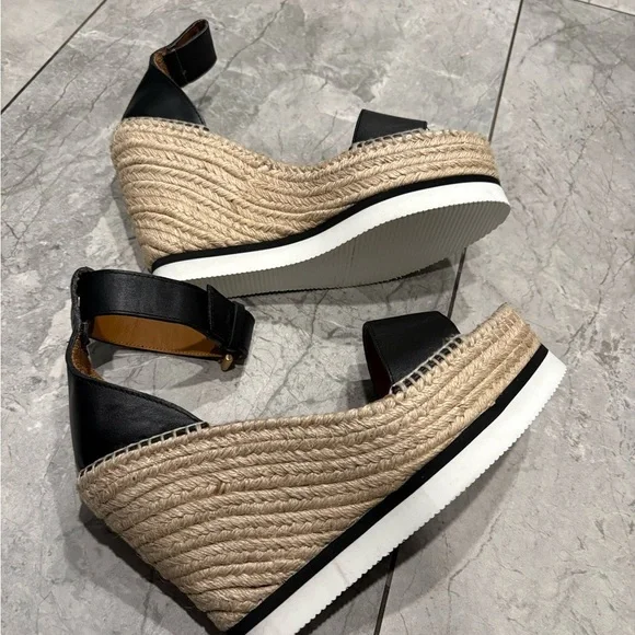 See By Chloe Black Leather and Tan Woven Espadrilles - Picture 6 of 7